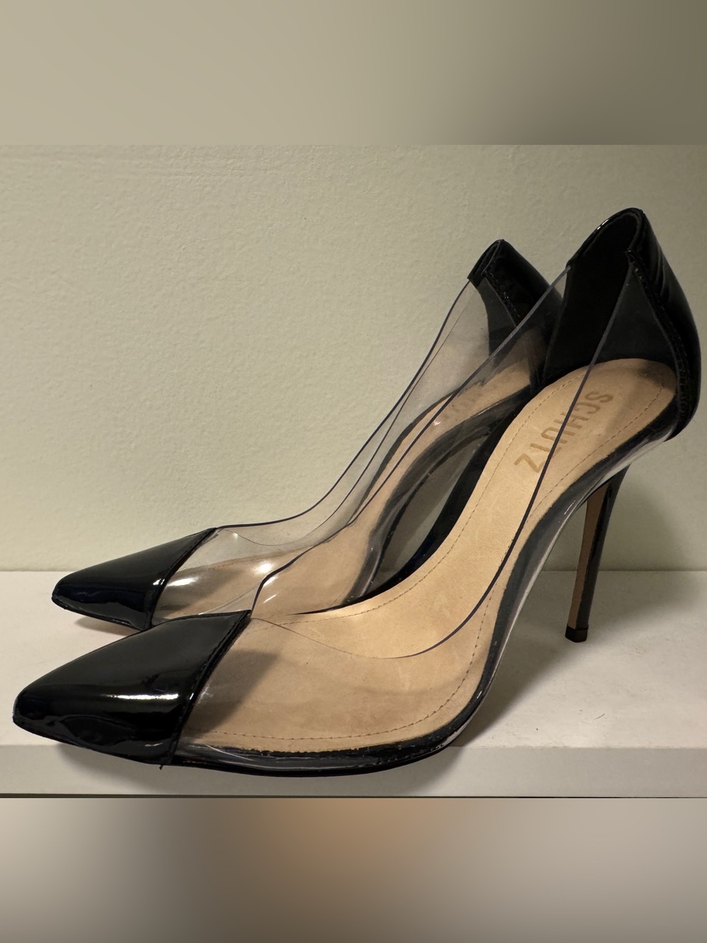 Schutz Cendi Transparent Black & Clear Vinyl Shoes Heels Size 6.5